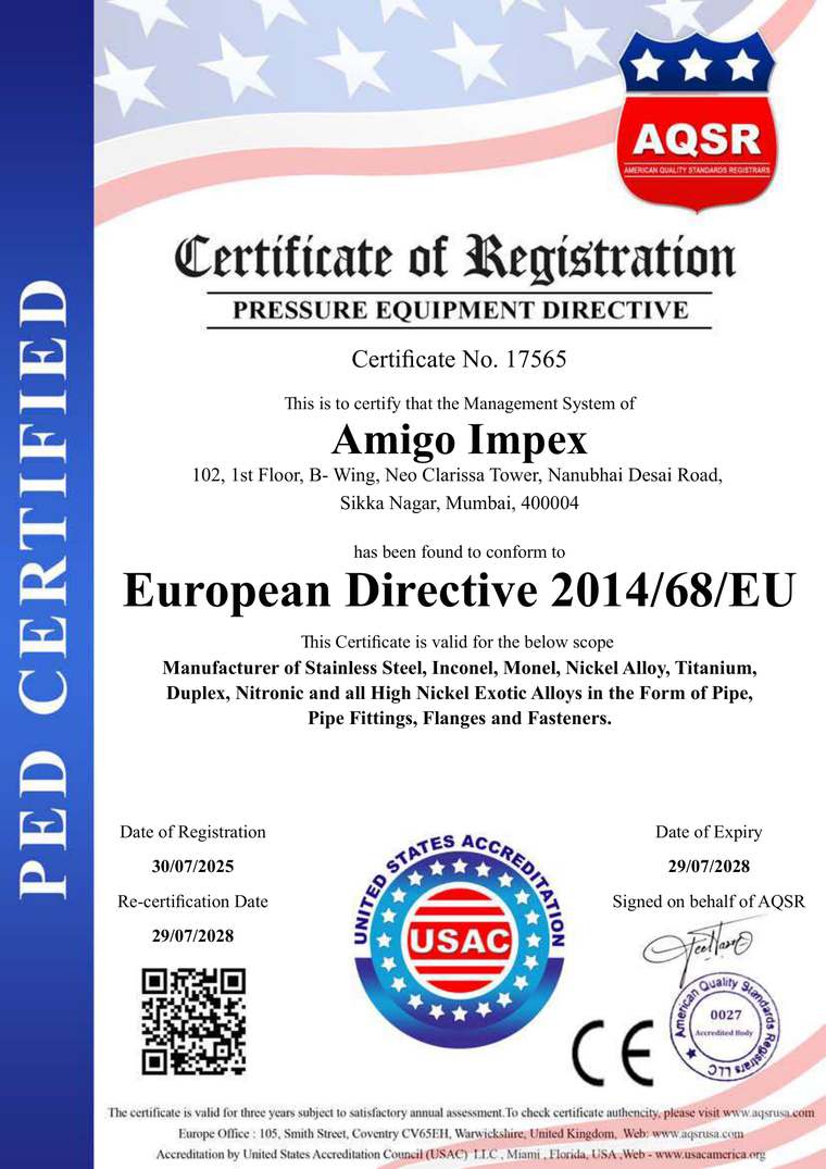 PED Certificate issued to Amigo Impex